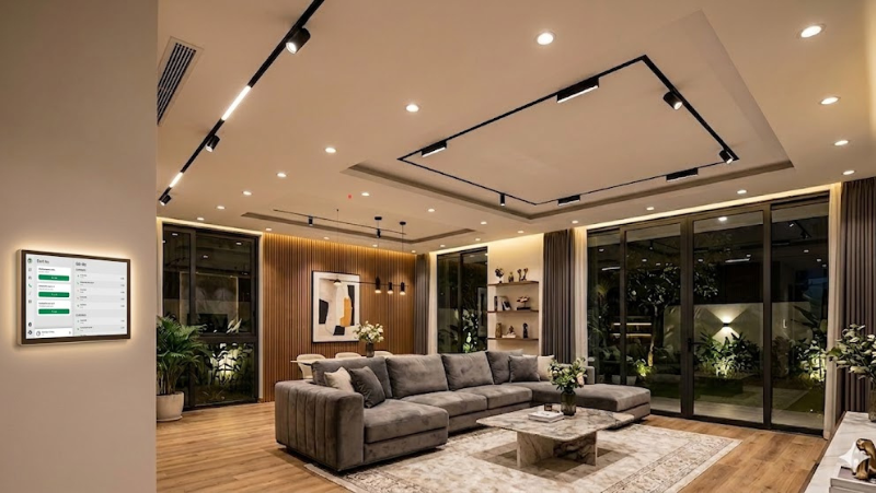 Ảnh không gian phòng khách hiện đại sử dụng đèn âm trần và đèn ray nam châm Lumi, tạo cảm giác sang trọng.