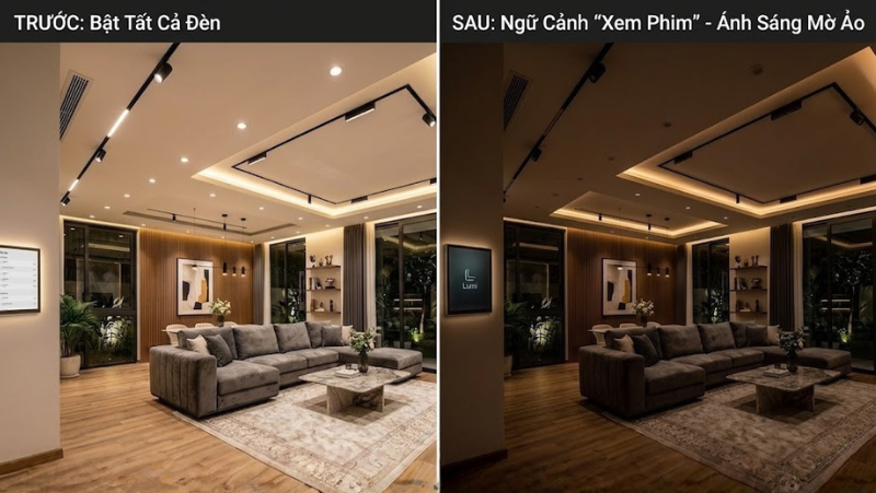 Hình ảnh so sánh (Before/After) giữa phòng khách khi bật tất cả đèn và khi chạy ngữ cảnh "Xem phim" với ánh sáng mờ ảo cực chill.